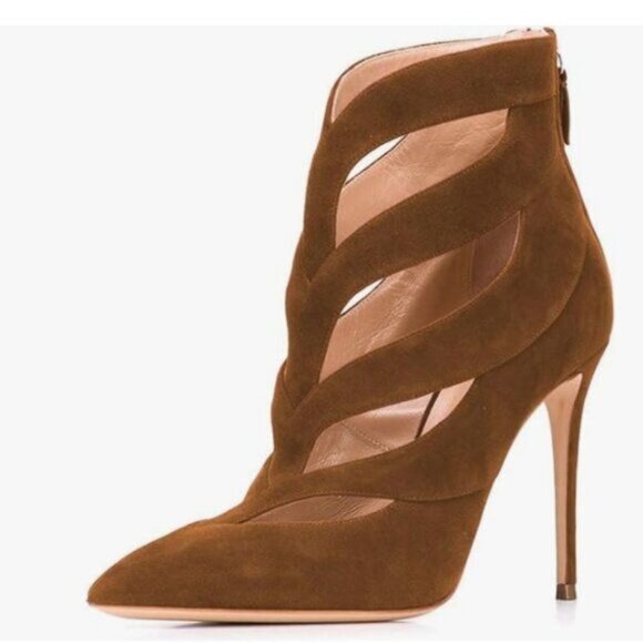 FSJ Brown Sexy Cutout Ankle Booties Pointed Toe Stiletto high Heels Short Boots - Picture 1 of 8
